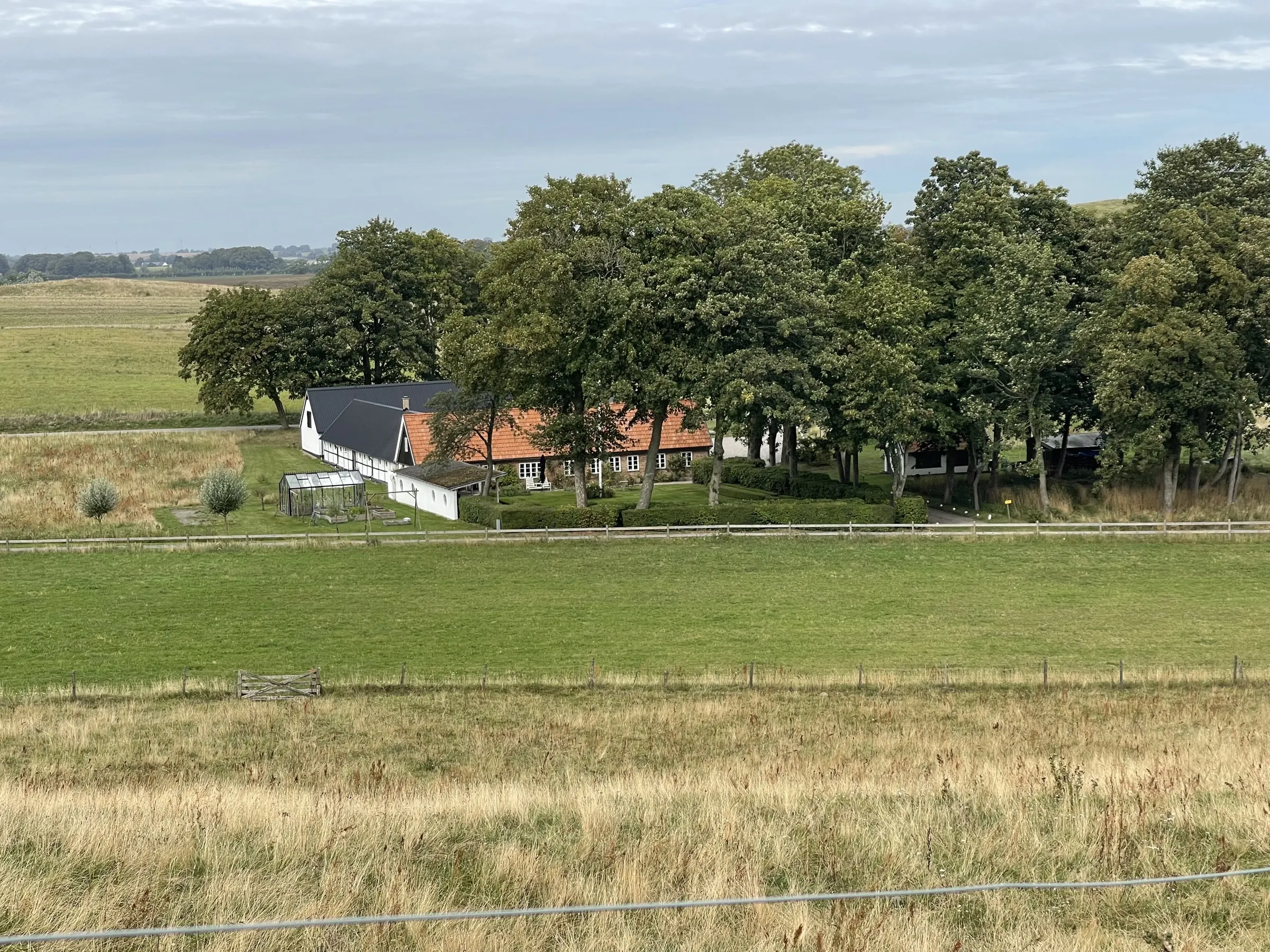 Gården med vita och rödbruna längor bland höga träd, med betesmarker runt omkring